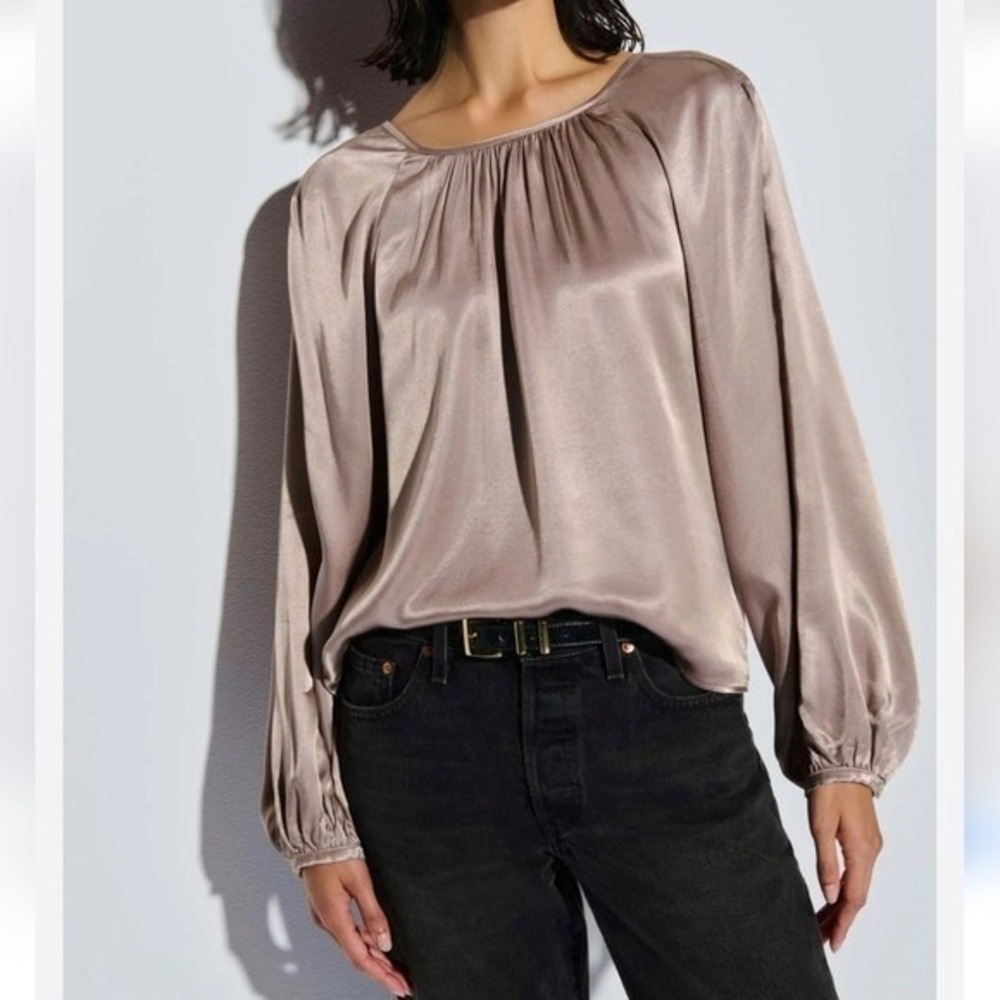 NATION LTD New Eveline Mushroom Taupe Blouson Sleeve Satin Blouse Top SZ Medium